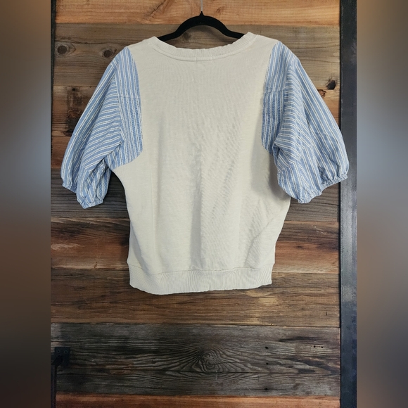 NWT Pilcro Woven Crewneck Puff-Sleeve Top in Beige and Blue Stripe Size L - Picture 7 of 8